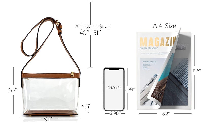 Hoxis Clear Zipper Cross Body Bag with Vegan Leather Trim (Brown) Small - Image 3